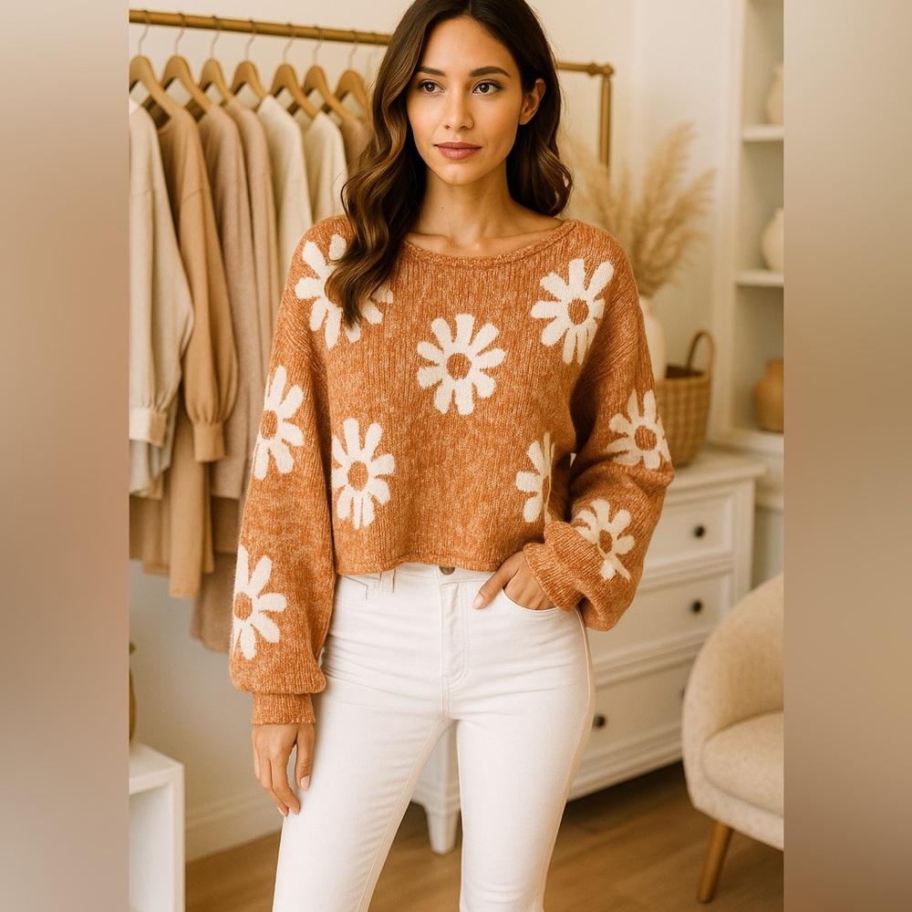 Boho Daisy Floral Cropped Sweater Orange White Retro Knit M - Picture 2 of 5